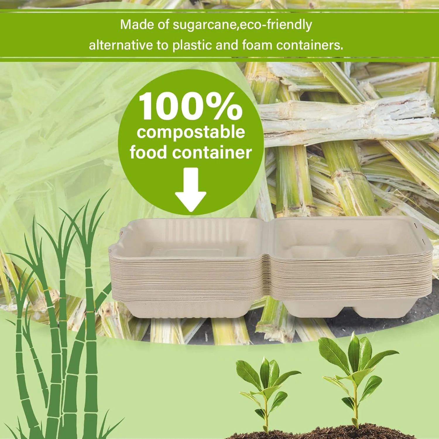 greensight Disposable Take Out Food Container 100 Pack, 9X9 Clamshell Food Container With 3 Compartments, Compostable To Go Boxes Heavy Duty, Biodegradable Made From Sugarcane Fibers