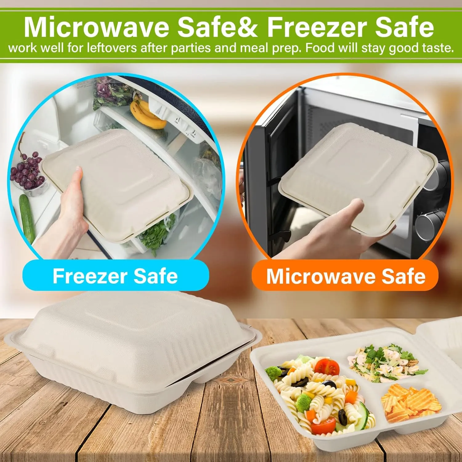 greensight Disposable Take Out Food Container 100 Pack, 9X9 Clamshell Food Container With 3 Compartments, Compostable To Go Boxes Heavy Duty, Biodegradable Made From Sugarcane Fibers
