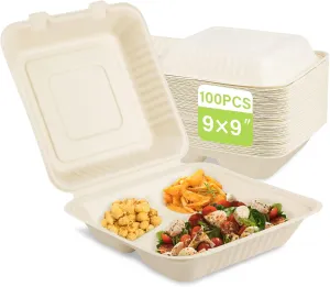 greensight Disposable Take Out Food Container 100 Pack, 9X9 Clamshell Food Container With 3 Compartments, Compostable To Go Boxes Heavy Duty, Biodegradable Made From Sugarcane Fibers