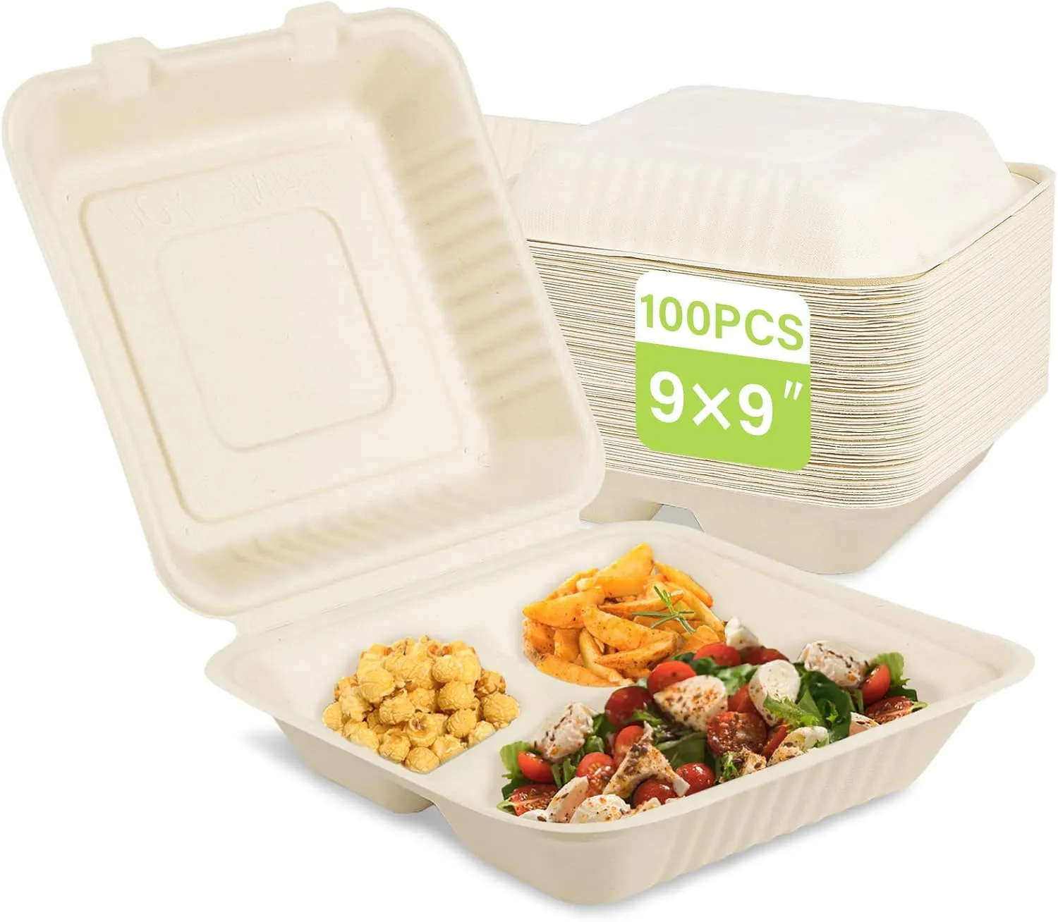 greensight Disposable Take Out Food Container 100 Pack, 9X9 Clamshell Food Container With 3 Compartments, Compostable To Go Boxes Heavy Duty, Biodegradable Made From Sugarcane Fibers