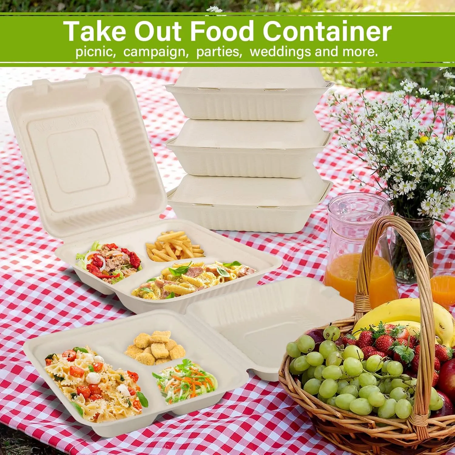 greensight Disposable Take Out Food Container 100 Pack, 9X9 Clamshell Food Container With 3 Compartments, Compostable To Go Boxes Heavy Duty, Biodegradable Made From Sugarcane Fibers