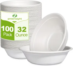 Greensight Large Compostable Bowls - 32 oz, 100 Pack, Heavy Duty, Microwavable Safe, White Bagasse Bowls for Hot Soup, Salads, Cereals
