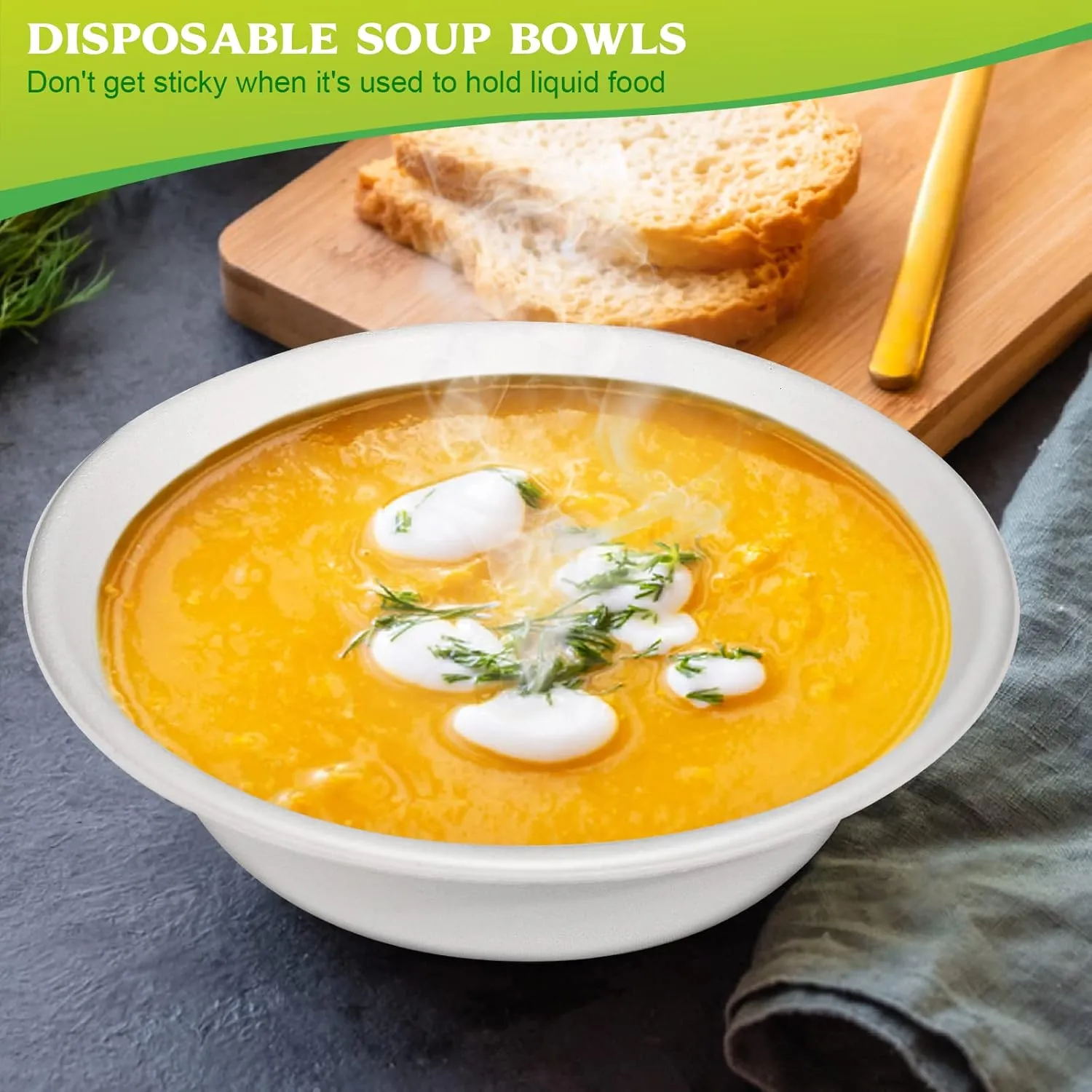 Greensight Large Compostable Bowls - 32 oz, 100 Pack, Heavy Duty, Microwavable Safe, White Bagasse Bowls for Hot Soup, Salads, Cereals