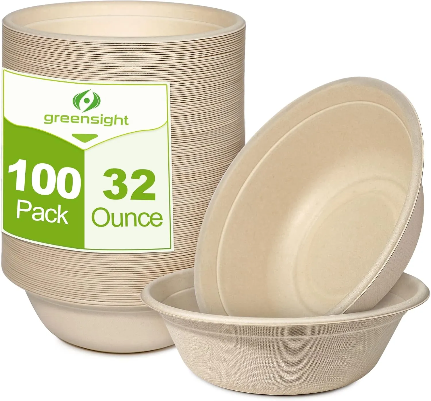 greensight Paper Party Serving Bowls For Salad, Ice Cream, Dessert And Hot Soup 32oz Heavy Duty, Eco-friendly Disposable Biodegradable Compostable, Made Of Sugarcane, 100 Pack
