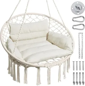 Greenstell Hammock Chair, Macrame Swing Chair with Comfy Cushion, Boho Hanging Chair for Outdoor & Indoor, Perfect for Bedroom, Patio, Balcony, Hold up to 350Lbs, Beige