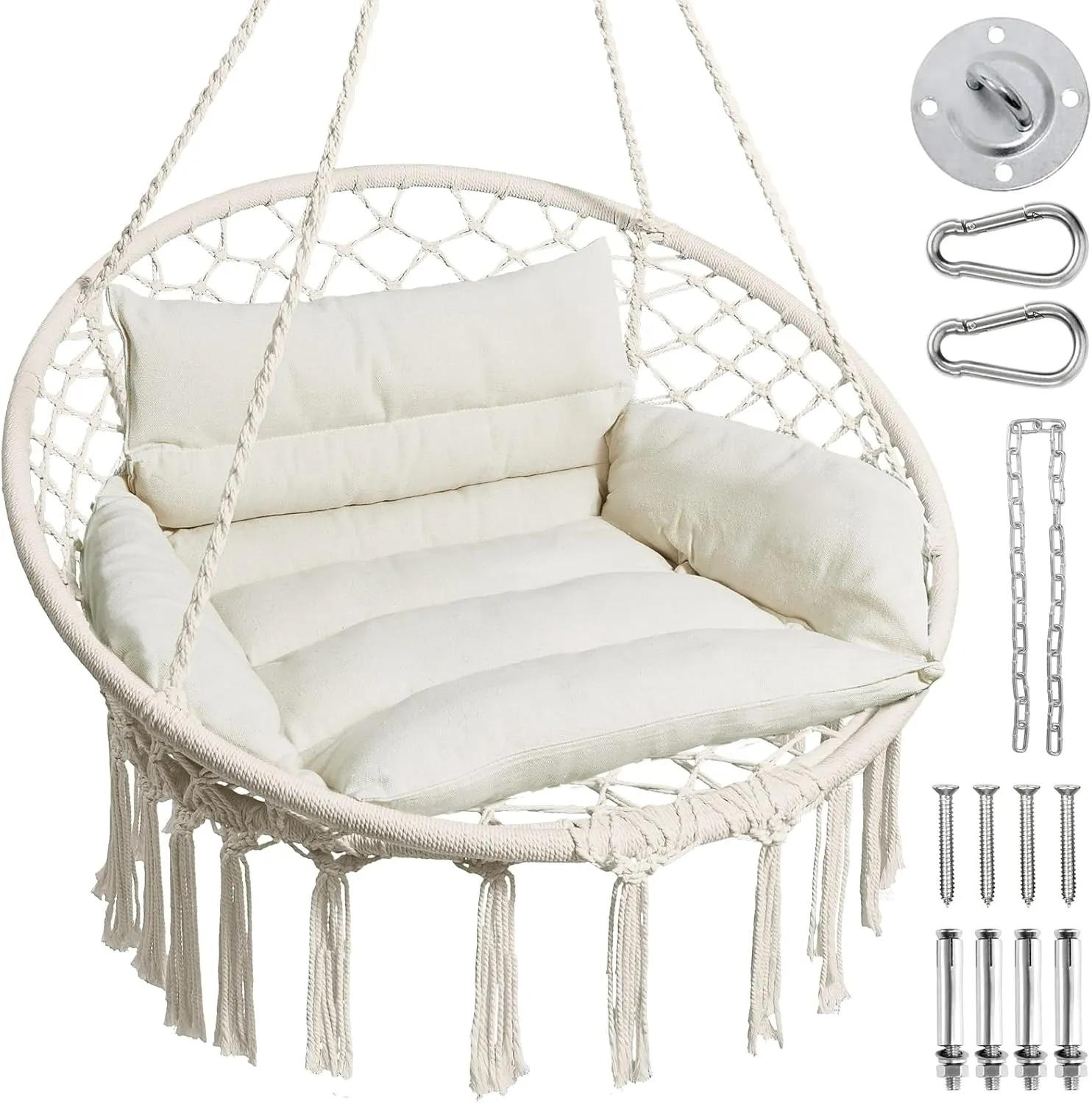 Greenstell Hammock Chair, Macrame Swing Chair with Comfy Cushion, Boho Hanging Chair for Outdoor & Indoor, Perfect for Bedroom, Patio, Balcony, Hold up to 350Lbs, Beige