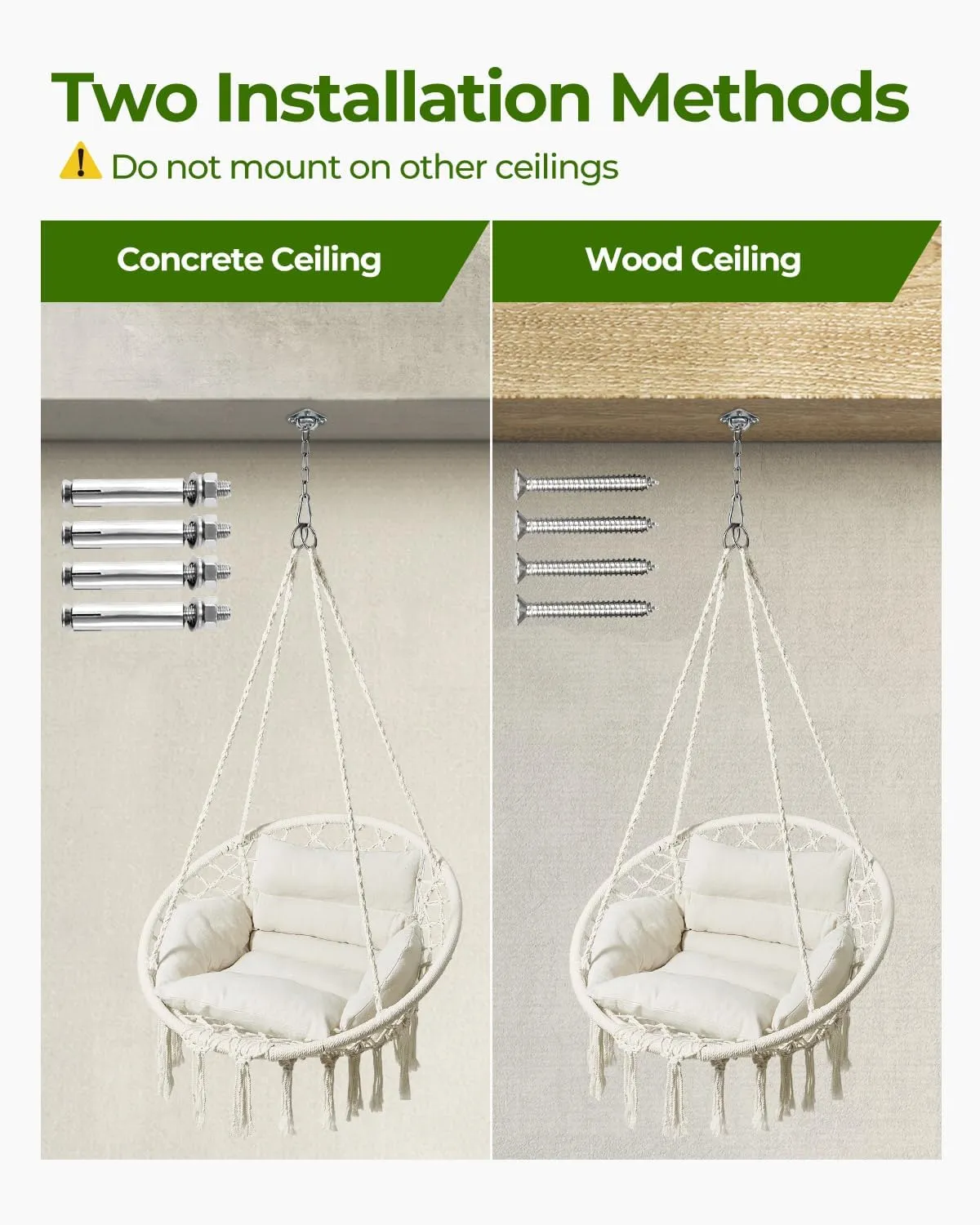 Greenstell Hammock Chair, Macrame Swing Chair with Comfy Cushion, Boho Hanging Chair for Outdoor & Indoor, Perfect for Bedroom, Patio, Balcony, Hold up to 350Lbs, Beige