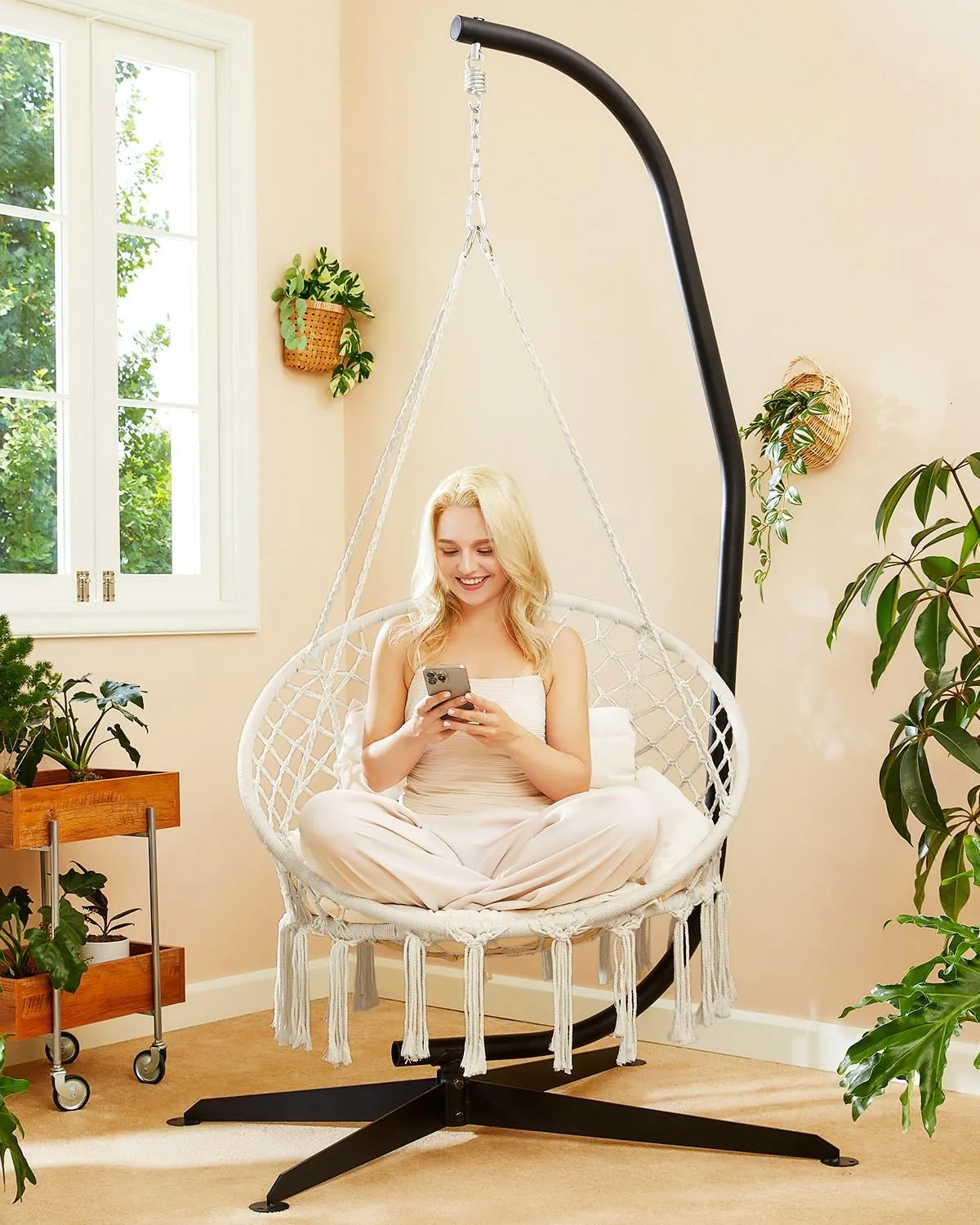 Greenstell Hammock Chair, Macrame Swing Chair with Comfy Cushion, Boho Hanging Chair for Outdoor & Indoor, Perfect for Bedroom, Patio, Balcony, Hold up to 350Lbs, Beige