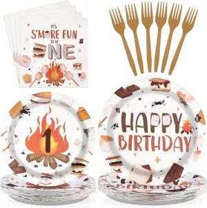 Grencian 96 Pcs One Birthday Camping Party Supplies - 350 GSM S'More Love Fun 1st Birthday Plates & Napkins - Disposable Campfire Theme Tableware Set - Serves 24