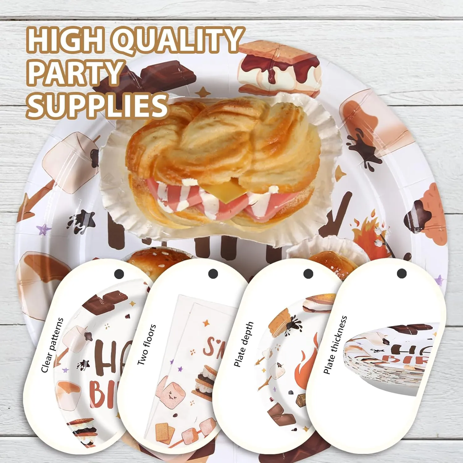 Grencian 96 Pcs One Birthday Camping Party Supplies - 350 GSM S'More Love Fun 1st Birthday Plates & Napkins - Disposable Campfire Theme Tableware Set - Serves 24