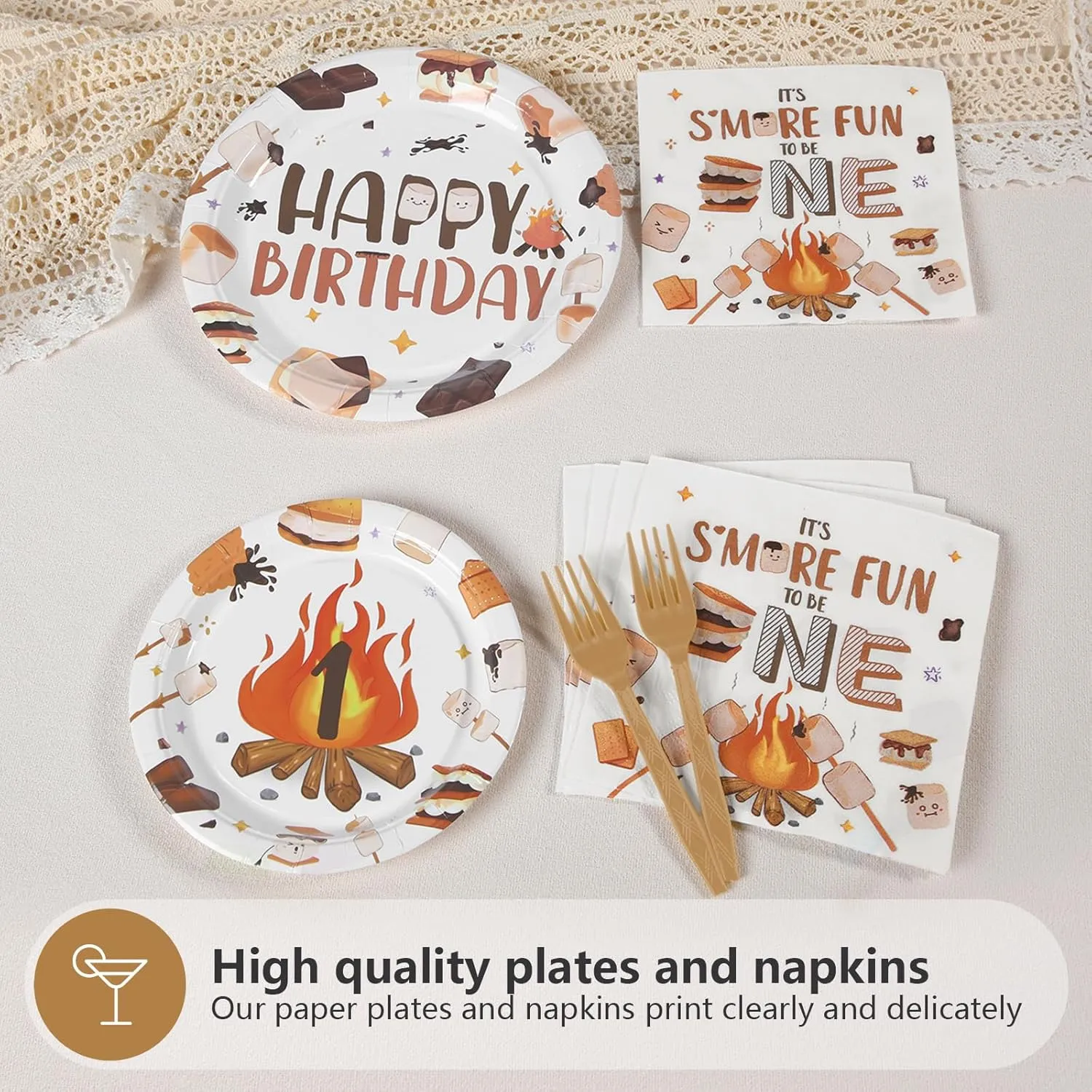 Grencian 96 Pcs One Birthday Camping Party Supplies - 350 GSM S'More Love Fun 1st Birthday Plates & Napkins - Disposable Campfire Theme Tableware Set - Serves 24