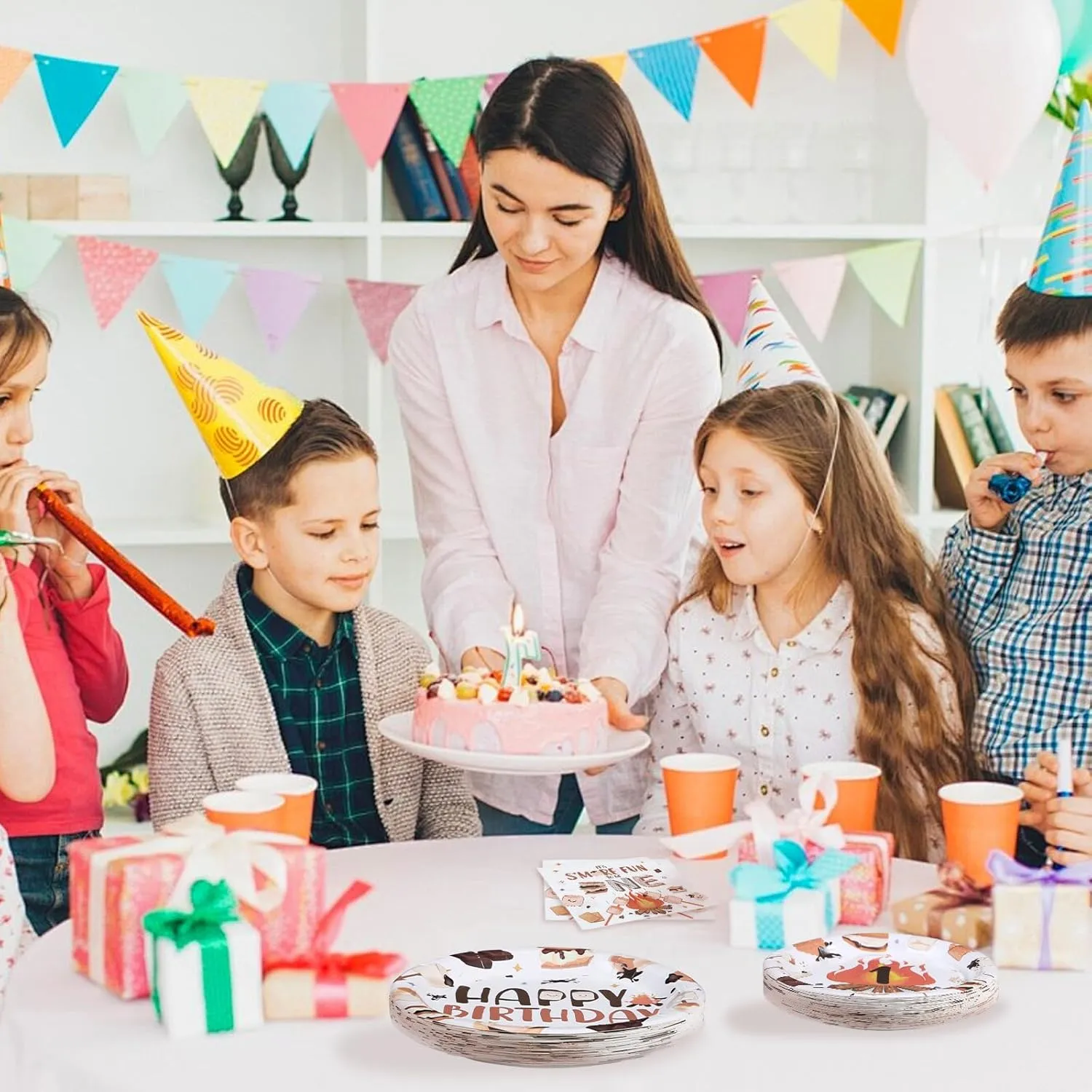 Grencian 96 Pcs One Birthday Camping Party Supplies - 350 GSM S'More Love Fun 1st Birthday Plates & Napkins - Disposable Campfire Theme Tableware Set - Serves 24