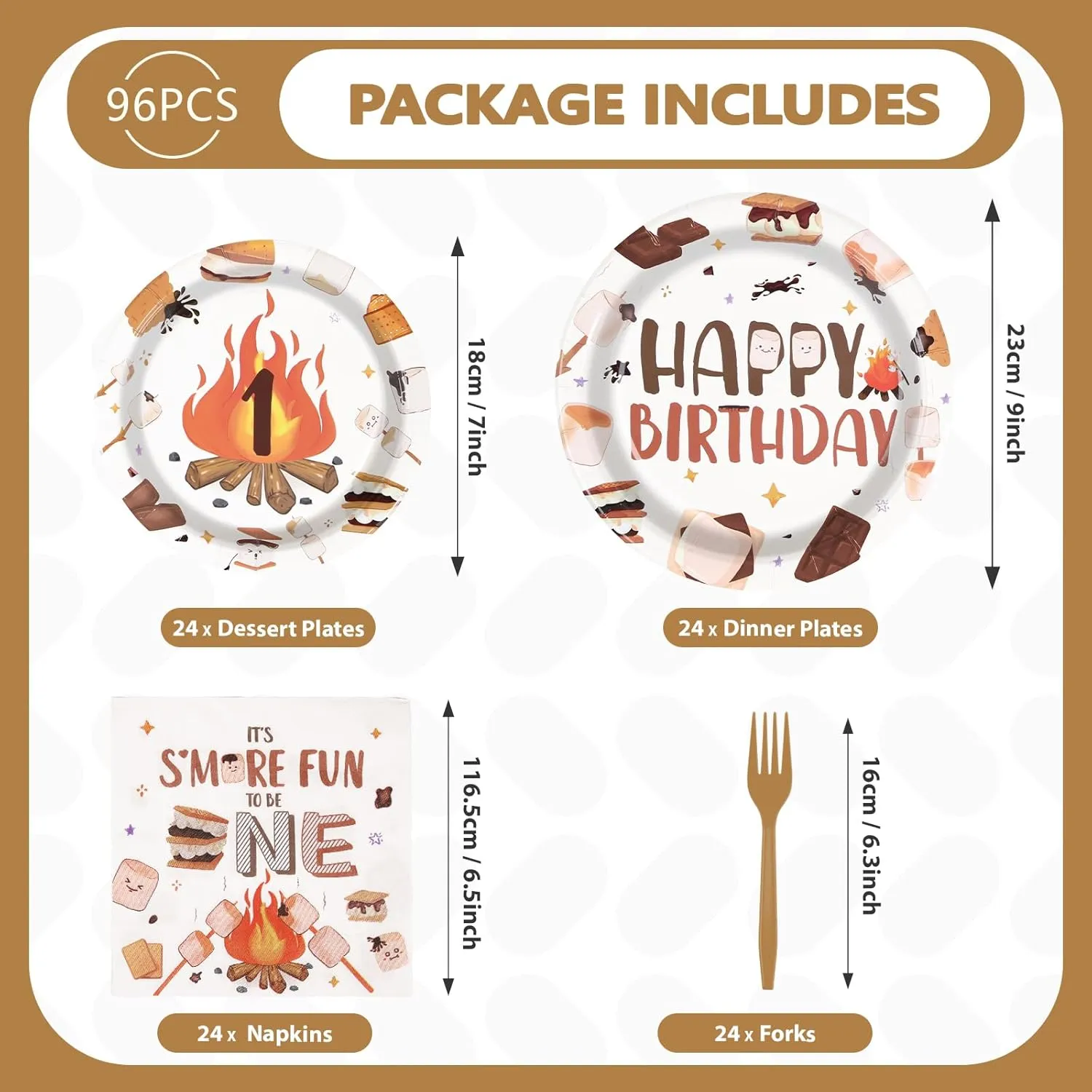 Grencian 96 Pcs One Birthday Camping Party Supplies - 350 GSM S'More Love Fun 1st Birthday Plates & Napkins - Disposable Campfire Theme Tableware Set - Serves 24
