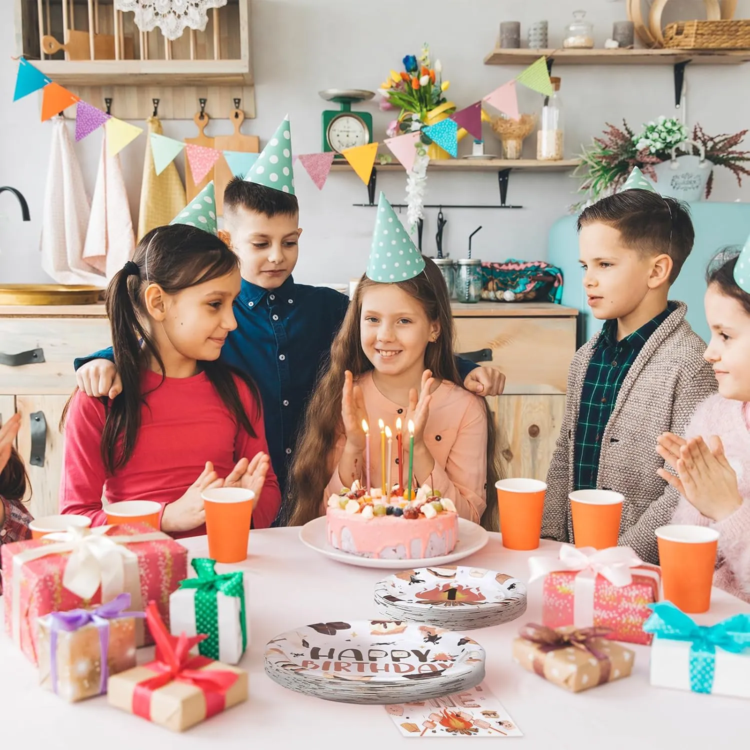 Grencian 96 Pcs One Birthday Camping Party Supplies - 350 GSM S'More Love Fun 1st Birthday Plates & Napkins - Disposable Campfire Theme Tableware Set - Serves 24