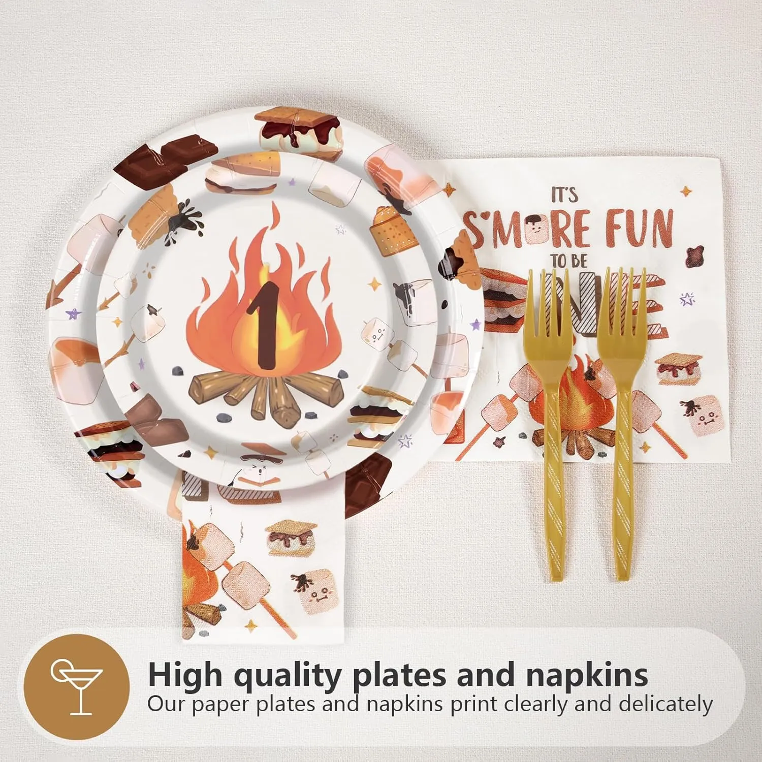 Grencian 96 Pcs One Birthday Camping Party Supplies - 350 GSM S'More Love Fun 1st Birthday Plates & Napkins - Disposable Campfire Theme Tableware Set - Serves 24