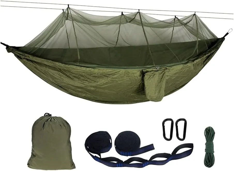 Hammock 270 * 140cm Portable Travel Outdoor Camping Camouflage Hanging Sleeping Hammock with Mosquito Net Swing, Green Updated
