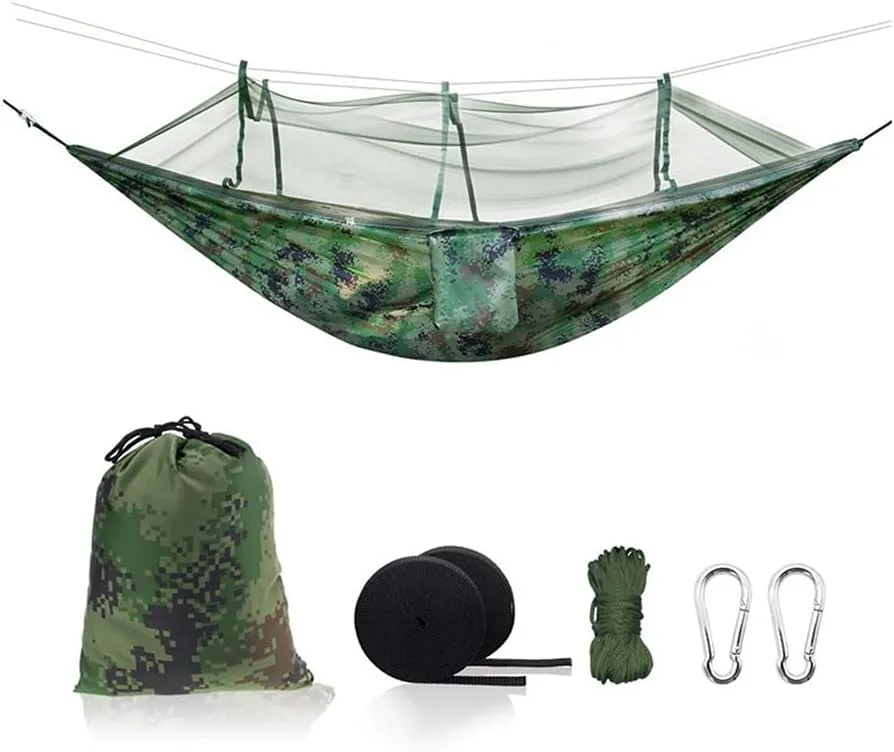 Hammock 270 * 140cm Portable Travel Outdoor Camping Camouflage Hanging Sleeping Hammock with Mosquito Net Swing, Green Updated