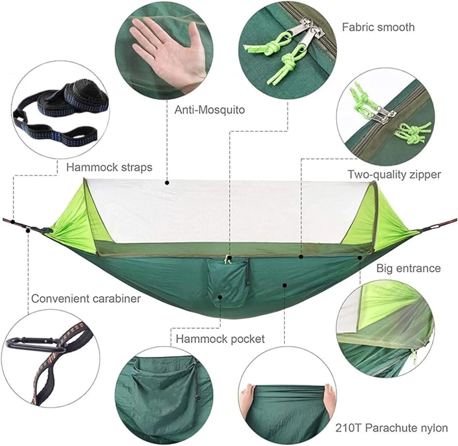 Hammock 290x140 Cm Camping Hammock with Mosquito Net 2 Person Pop-up Parachute Lightweight Hanging Tree Straps Swing Portable Hammock
