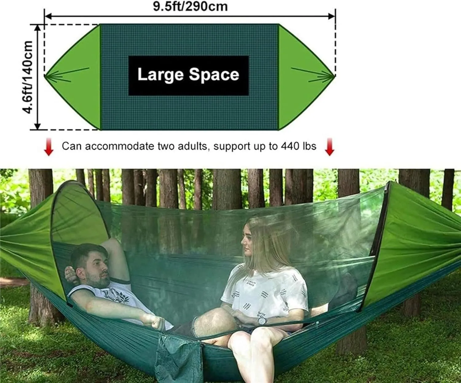 Hammock 290x140 Cm Camping Hammock with Mosquito Net 2 Person Pop-up Parachute Lightweight Hanging Tree Straps Swing Portable Hammock