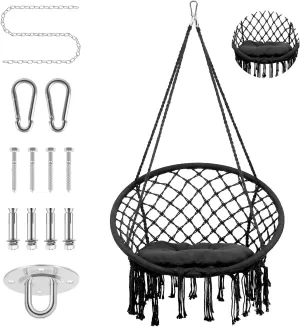 Hammock Chair, Ergonomic Hanging Chair for Bedroom & Foldable Swing Chair Outdoor, Black Compact Hammock Swing with Quick-Install Kit, 500LBs for Apartments, Dorm