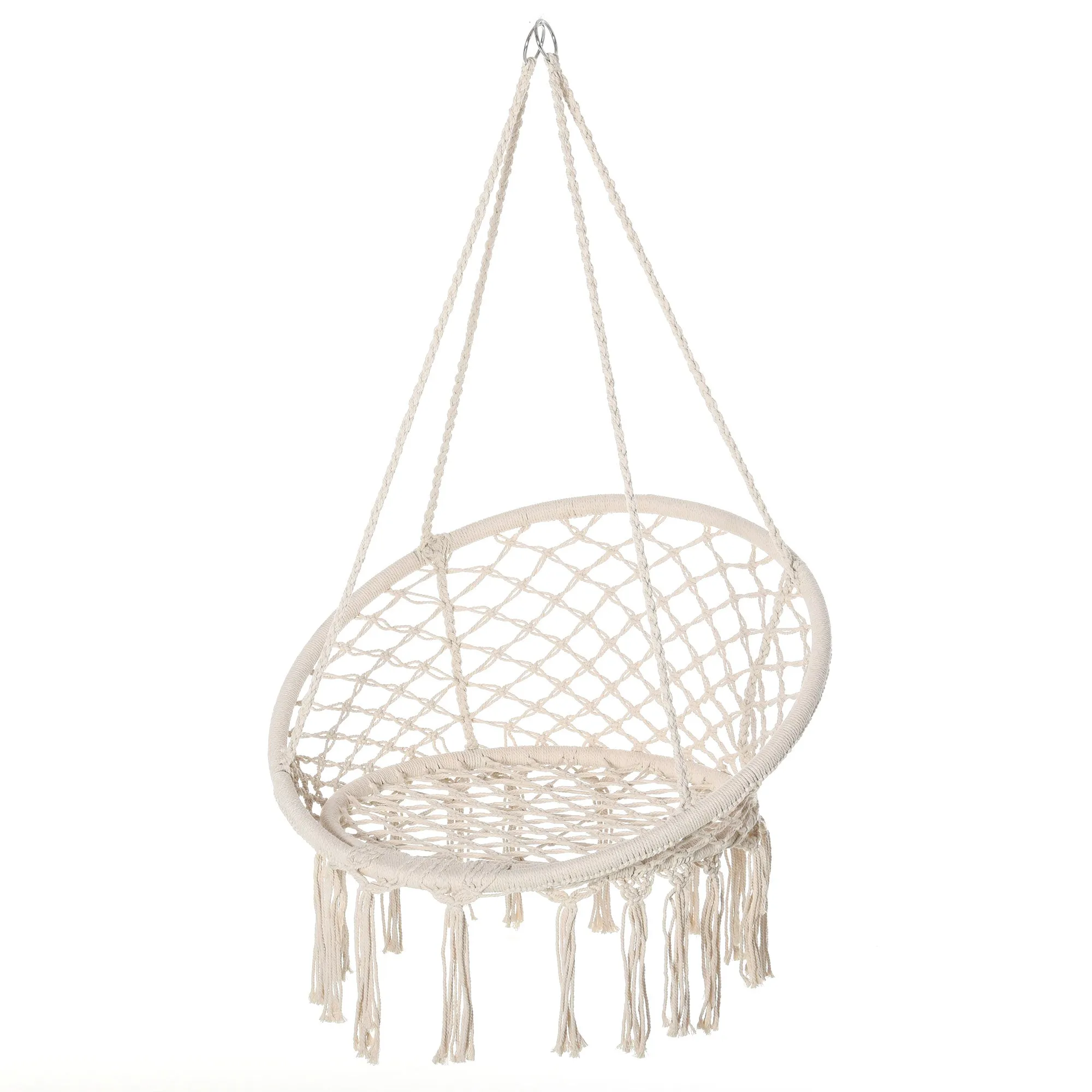 Hammock Chair Hanging Rope Swing Indoor Outdoor Backrest Cotton Polyester Fringe Tassels Cream White