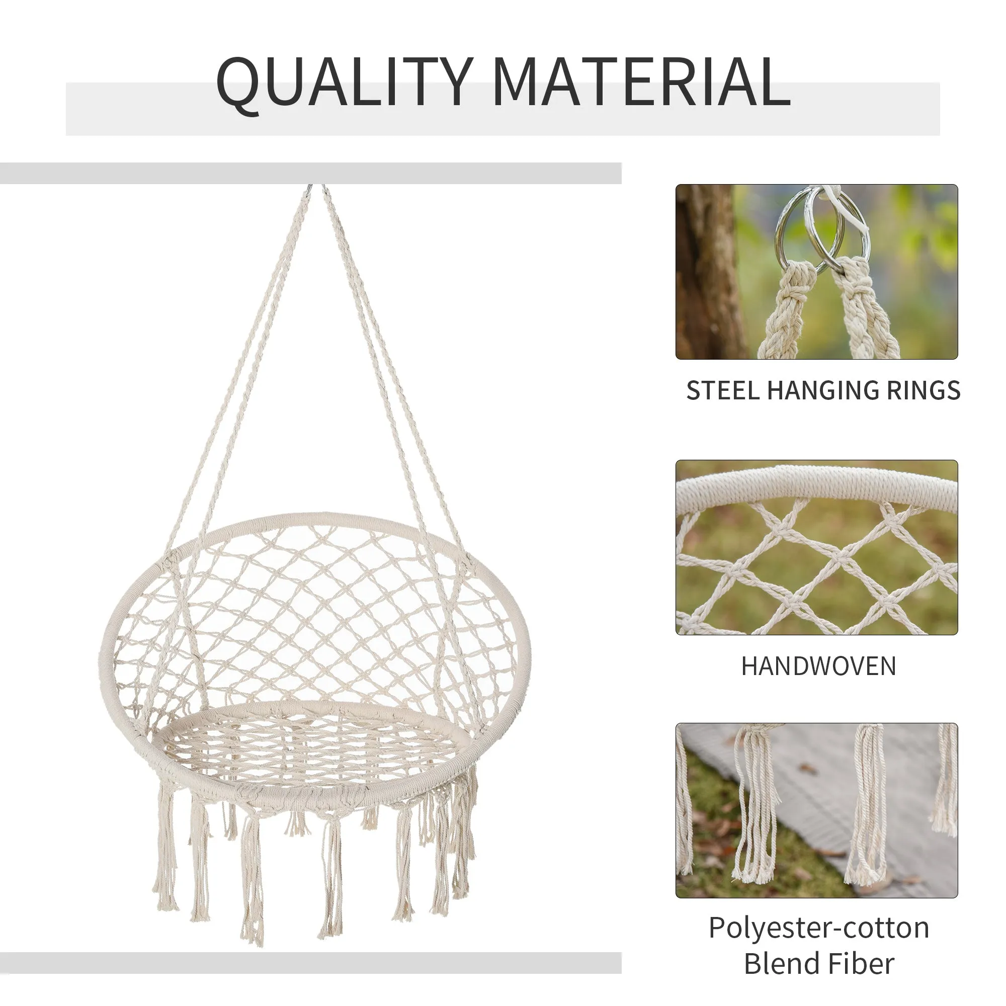 Hammock Chair Hanging Rope Swing Indoor Outdoor Backrest Cotton Polyester Fringe Tassels Cream White