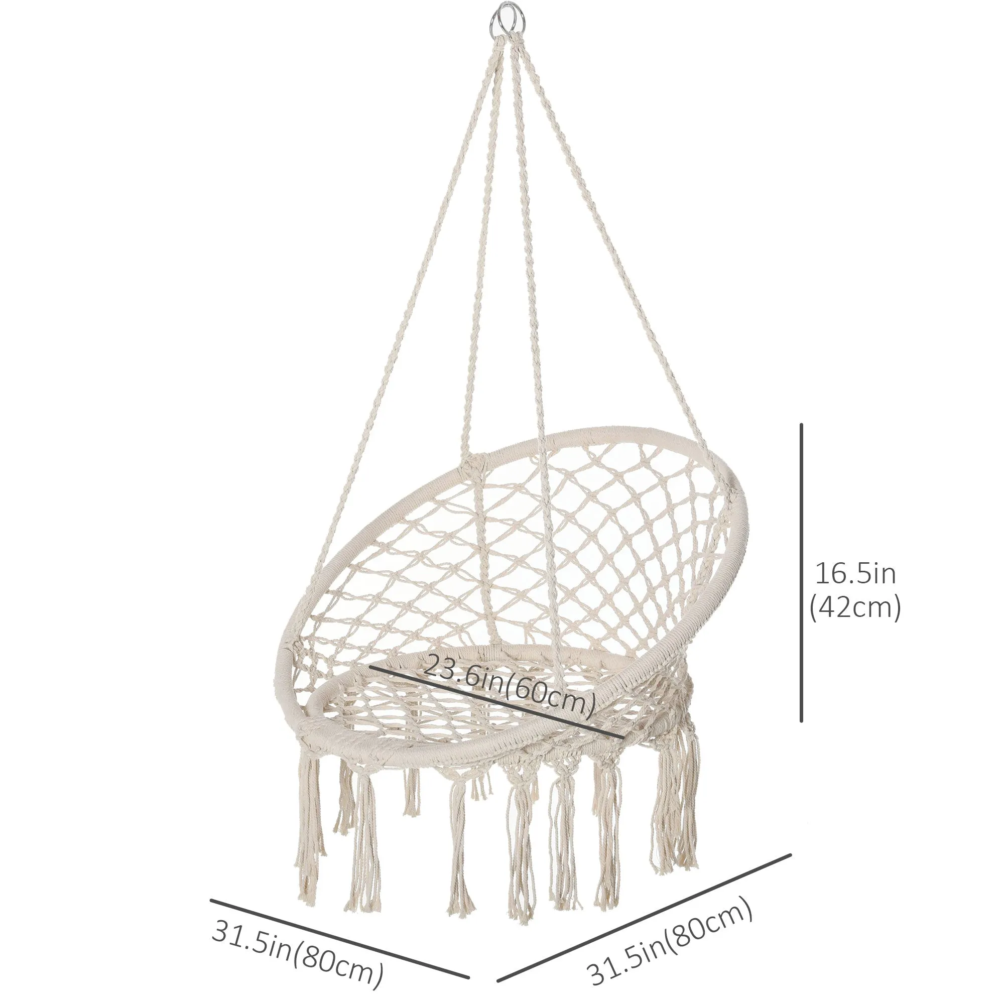 Hammock Chair Hanging Rope Swing Indoor Outdoor Backrest Cotton Polyester Fringe Tassels Cream White