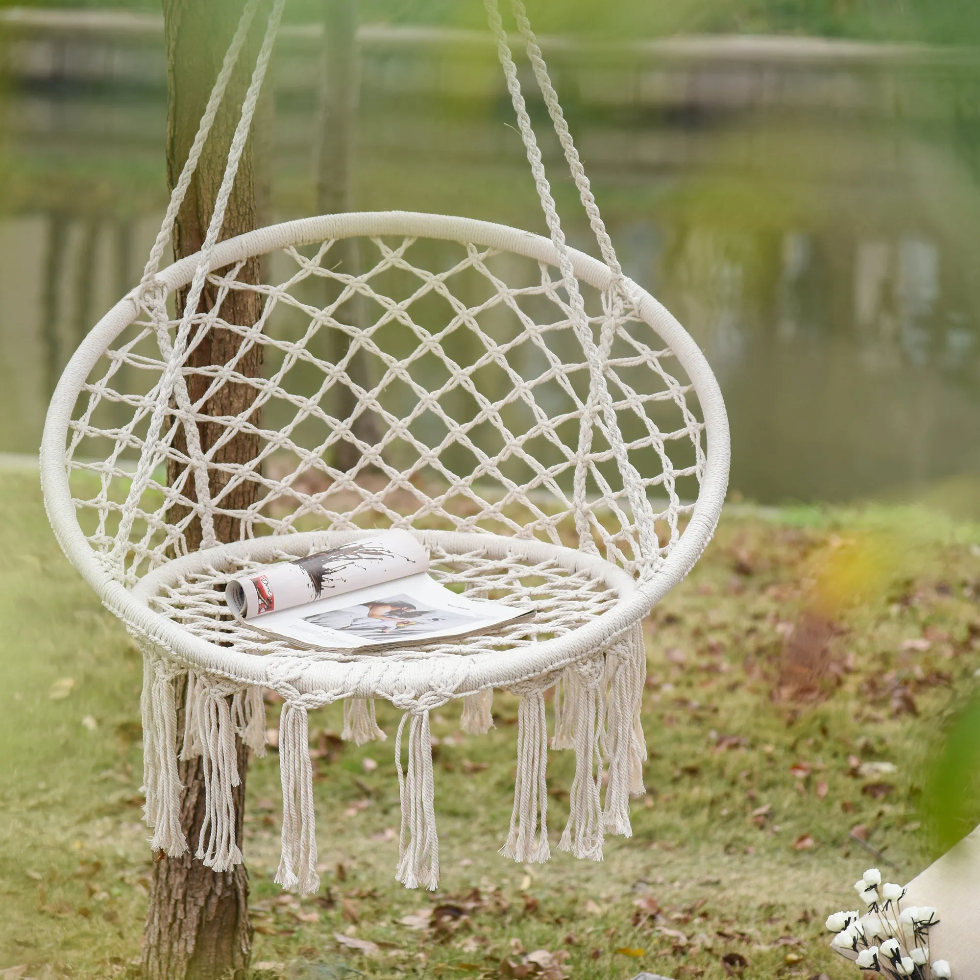 Hammock Chair Hanging Rope Swing Indoor Outdoor Backrest Cotton Polyester Fringe Tassels Cream White