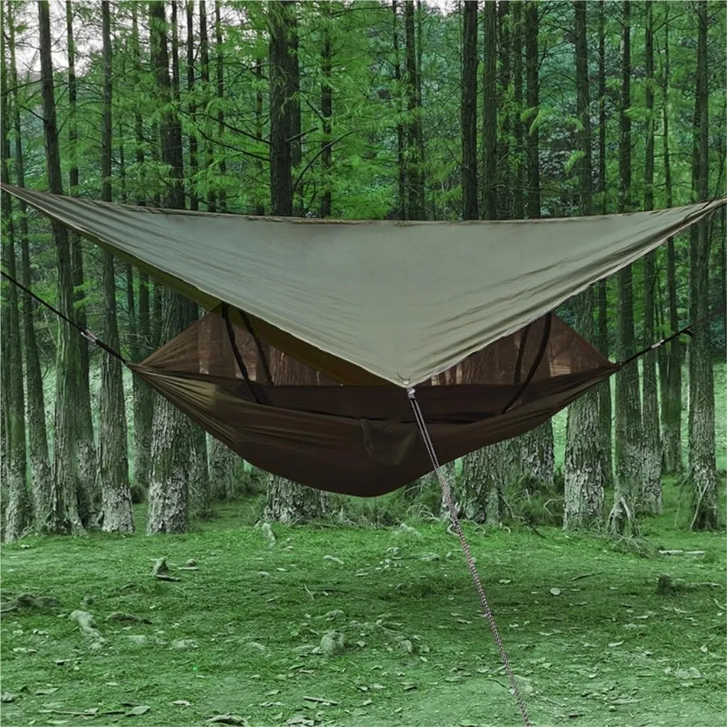 Hammock Double Automatic Quick-Opening Mosquito Net Hammock Canopy Set Canopy Parachute Cloth Pole Mosquito Net Hammock Hammock Outdoor(Black)