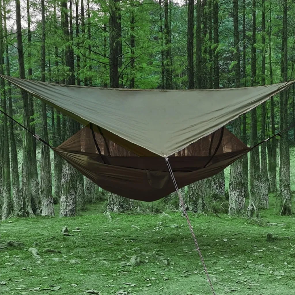 Hammock Double Automatic Quick-Opening Mosquito Net Hammock Canopy Set Canopy Parachute Cloth Pole Mosquito Net Hammock Hammock Outdoor(Black)