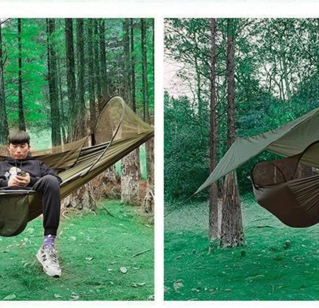 Hammock Double Automatic Quick-Opening Mosquito Net Hammock Canopy Set Canopy Parachute Cloth Pole Mosquito Net Hammock Hammock Outdoor(Black)