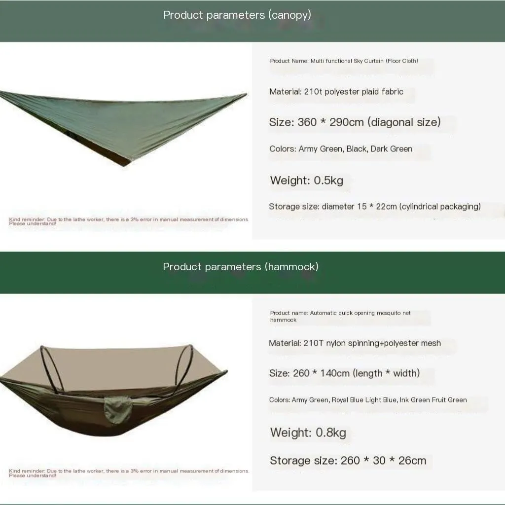 Hammock Double Automatic Quick-Opening Mosquito Net Hammock Canopy Set Canopy Parachute Cloth Pole Mosquito Net Hammock Hammock Outdoor(Black)