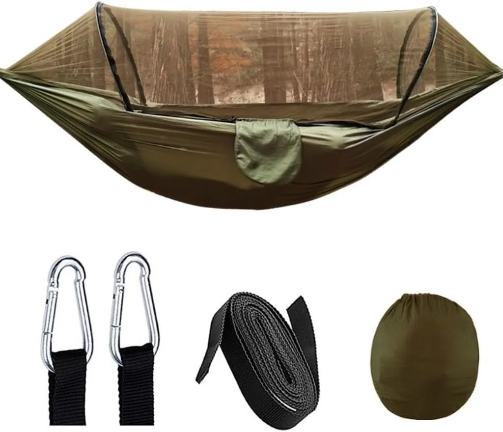 Hammock Double Automatic Quick-Opening Mosquito Net Hammock Outdoor Camping Anti-Rollover Nylon Hammock with Mosquito Net Hammock Outdoor(Blue)