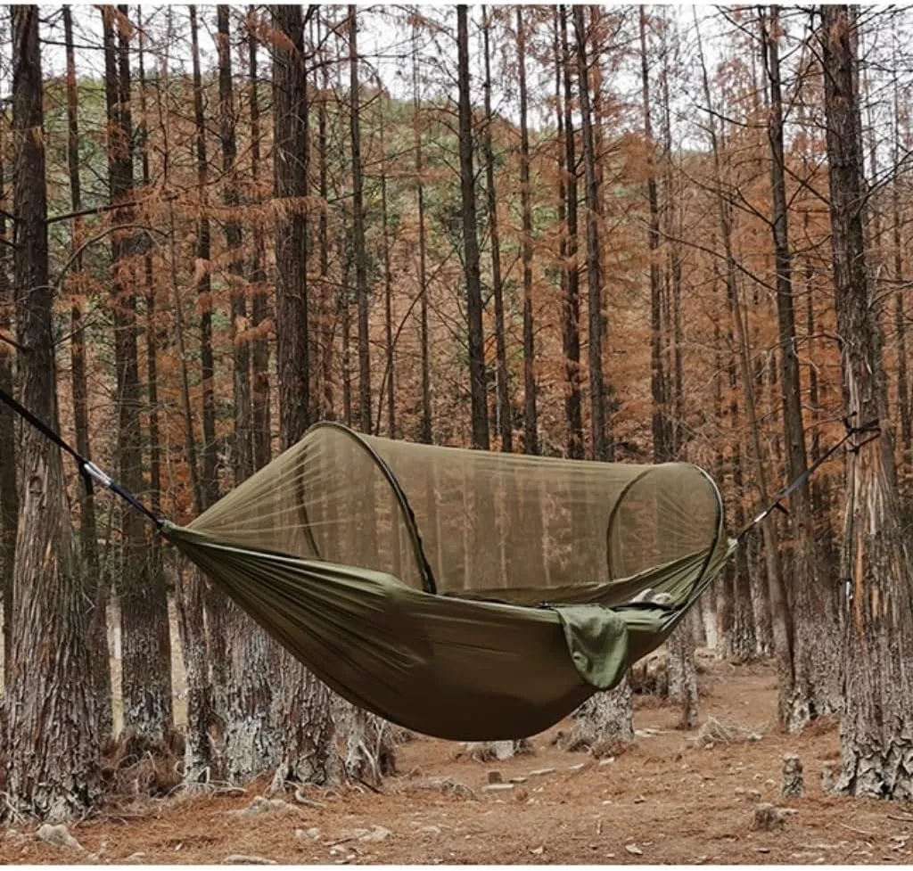Hammock Double Automatic Quick-Opening Mosquito Net Hammock Outdoor Camping Anti-Rollover Nylon Hammock with Mosquito Net Hammock Outdoor(Blue)