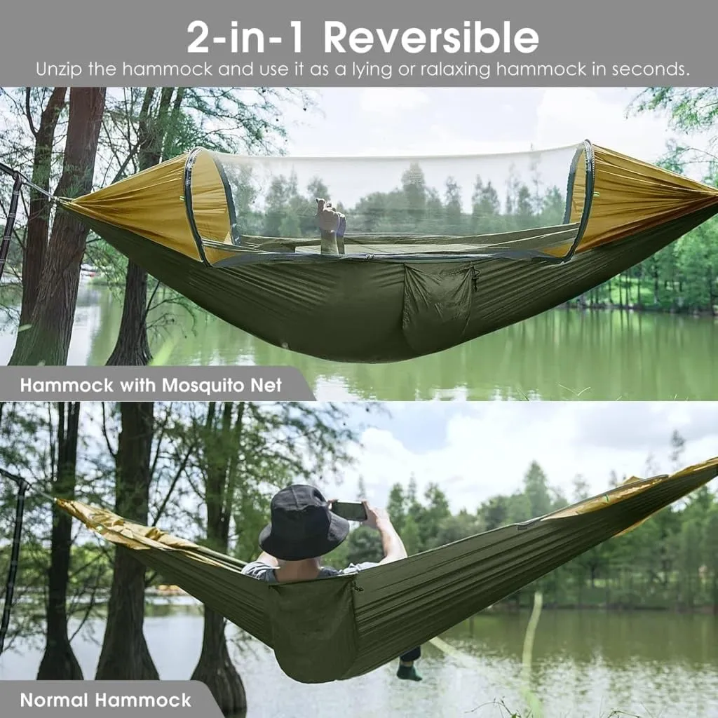 Hammock Double Automatic Quick-Opening Portable Mosquito Net Nylon Hammock Nylon Cloth Strut Outdoor Anti-Mosquito Hammock Hammock Outdoor(Orange)