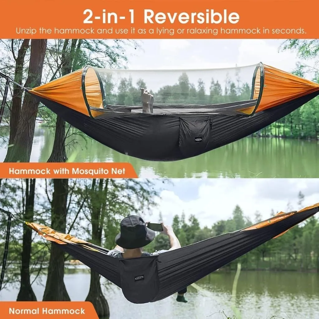 Hammock Double Automatic Quick-Opening Portable Mosquito Net Nylon Hammock Nylon Cloth Strut Outdoor Anti-Mosquito Hammock Hammock Outdoor(Orange)