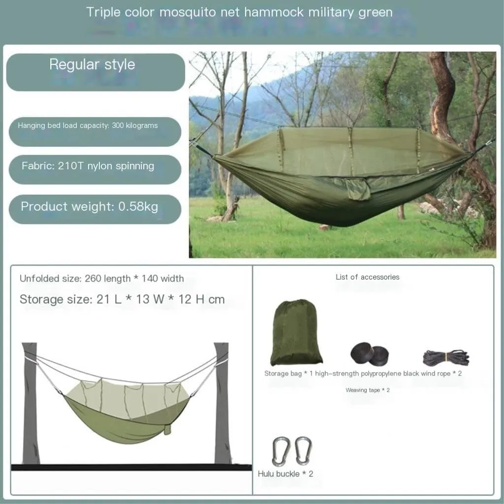 Hammock Double Camping Hammock Outdoor Camping Portable Single Parachute Cloth Three-Color Belt Anti-Mosquito Hammock Hammock Outdoor(B)
