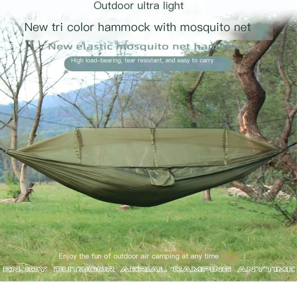 Hammock Double Camping Hammock Outdoor Camping Portable Single Parachute Cloth Three-Color Belt Anti-Mosquito Hammock Hammock Outdoor(B)