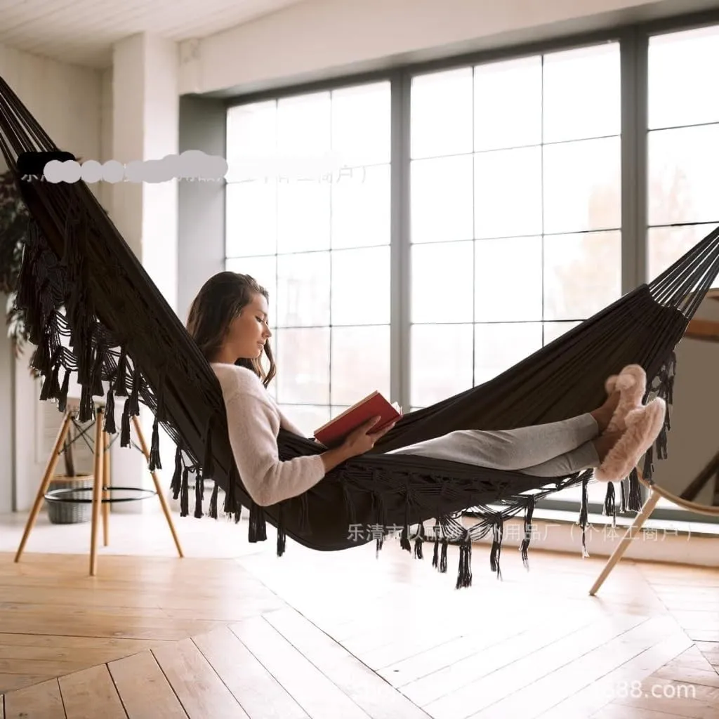 Hammock Double Double Tassel Hammock Outdoor Bohemian Style Homestay with Canvas Anti-Rollover Swing Rocking Net Bed Hammock Outdoor(White)
