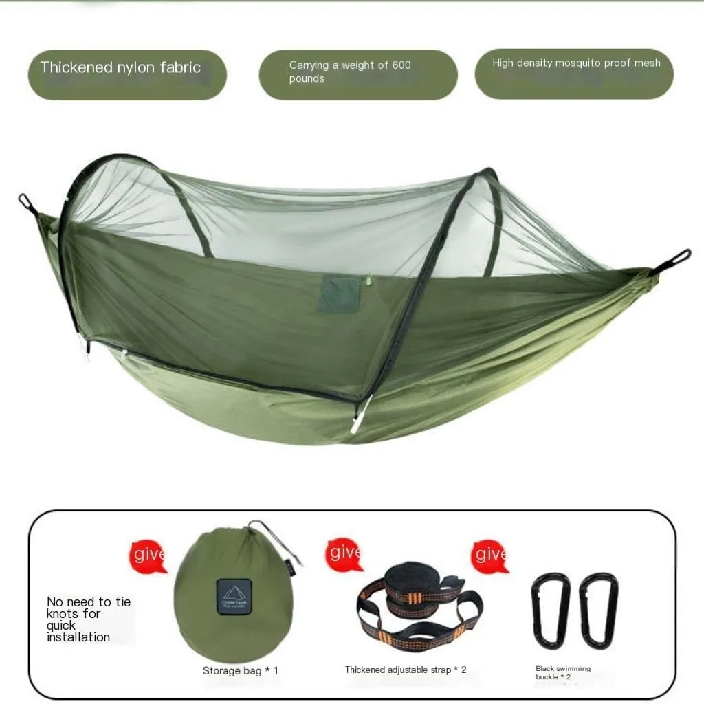 Hammock Double Outdoor Anti-Mosquito Hammock Automatic Quick Opening with Mosquito Net Parachute Cloth Single Double Portable Hammock Outdoor(Green)