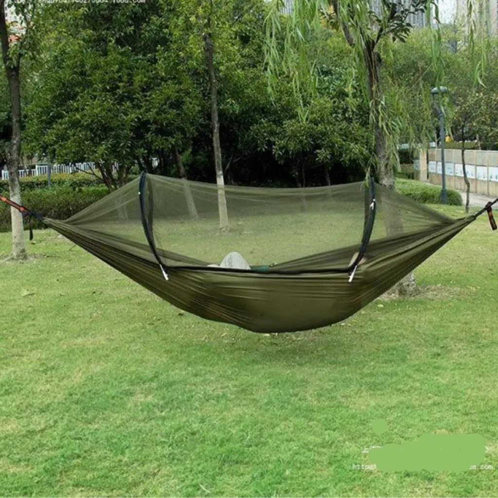 Hammock Double Outdoor Anti-Mosquito Hammock Automatic Quick Opening with Mosquito Net Parachute Cloth Single Double Portable Hammock Outdoor(Green)