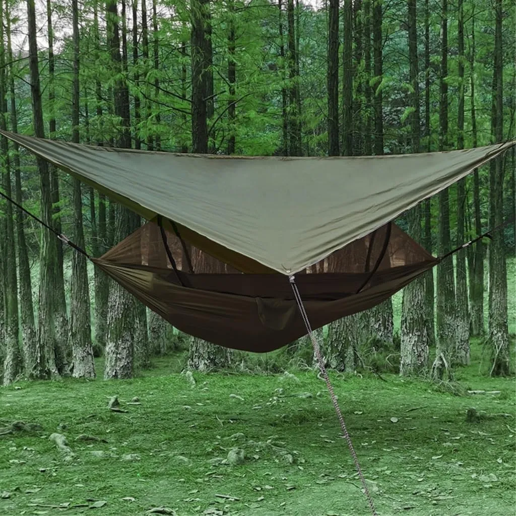 Hammock Double Outdoor Automatic Quick-Opening Mosquito Net Hammock Canopy Parachute Cloth Pole Mosquito Net Hammock Hammock Outdoor(Green)