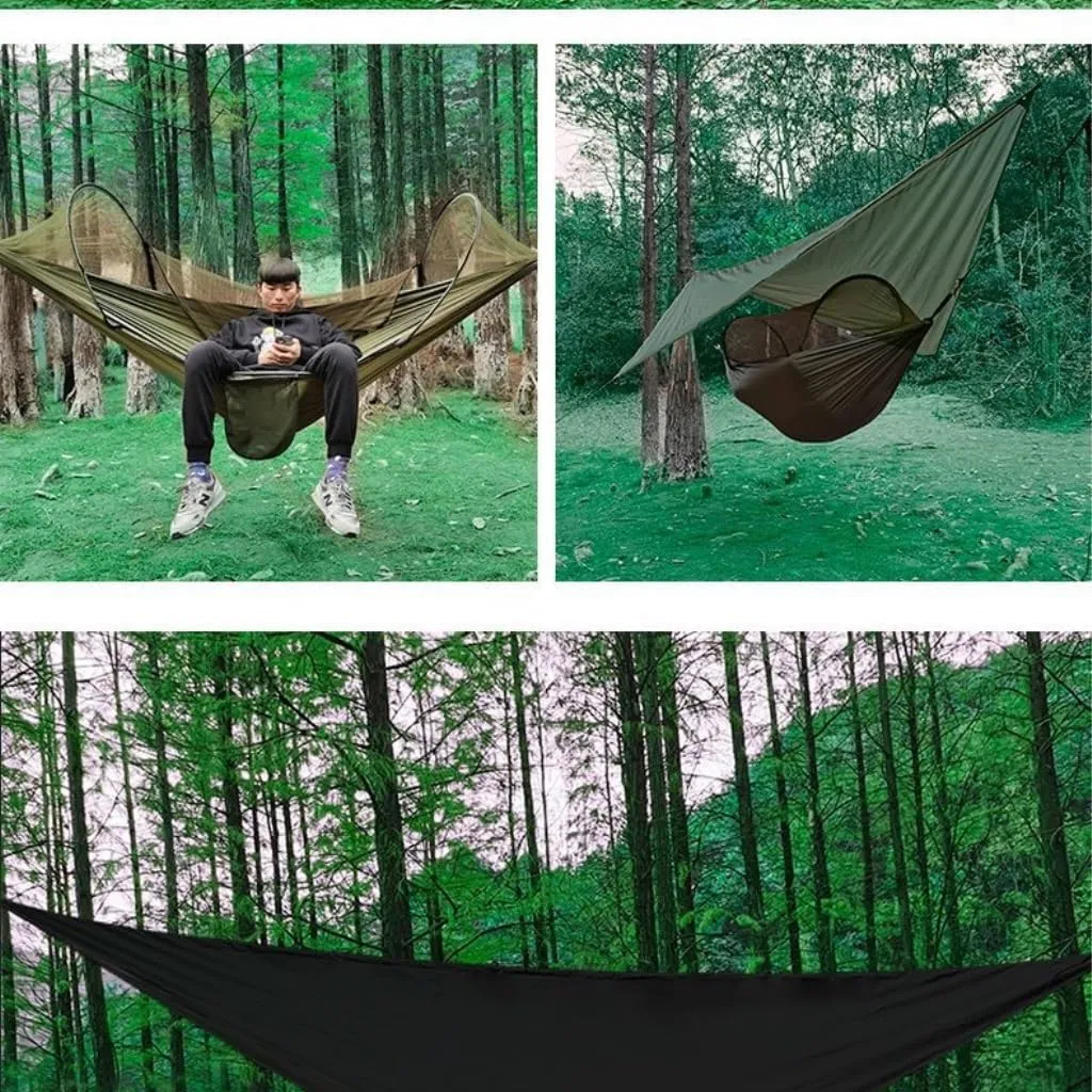 Hammock Double Outdoor Automatic Quick-Opening Mosquito Net Hammock Canopy Parachute Cloth Pole Mosquito Net Hammock Hammock Outdoor(Green)