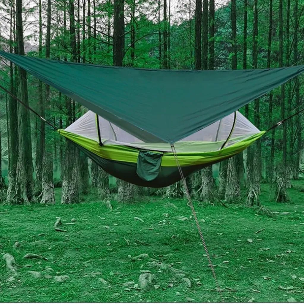 Hammock Double Outdoor Automatic Quick-Opening Mosquito Net Hammock Canopy Parachute Cloth Pole Mosquito Net Hammock Hammock Outdoor(Green)