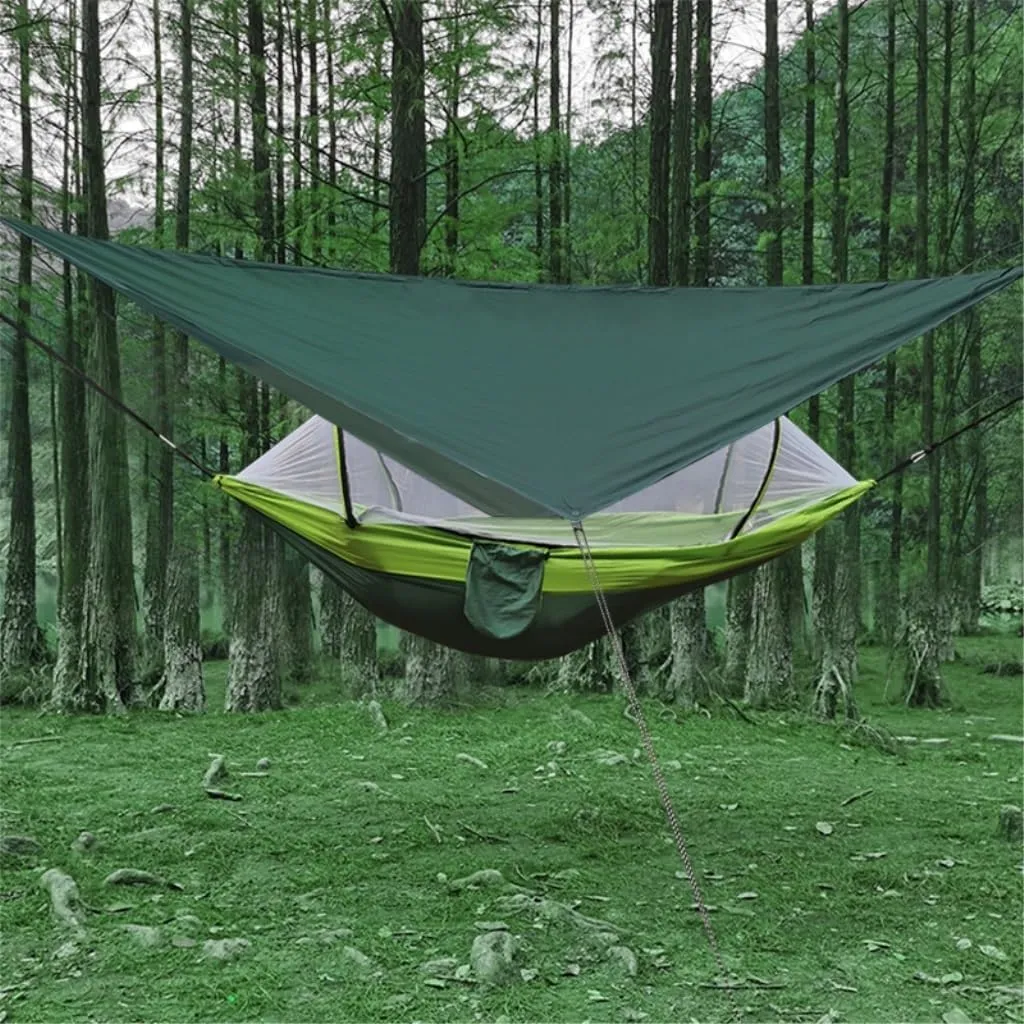 Hammock Double Outdoor Automatic Quick-Opening Mosquito Net Hammock Canopy Parachute Cloth Pole Mosquito Net Hammock Hammock Outdoor(Green)