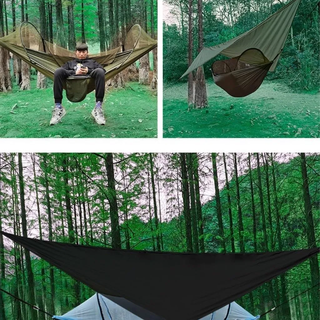 Hammock Double Outdoor Automatic Quick-Opening Mosquito Net Hammock Canopy Parachute Cloth Pole Mosquito Net Hammock Hammock Outdoor(Green)