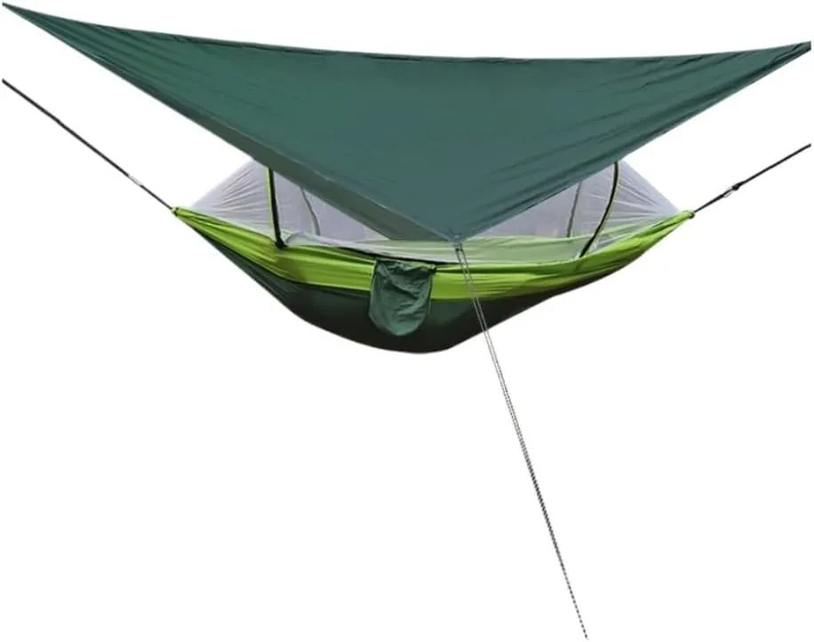 Hammock Double Outdoor Automatic Quick-Opening Mosquito Net Hammock Canopy Parachute Cloth Pole Mosquito Net Hammock Hammock Outdoor(Green)