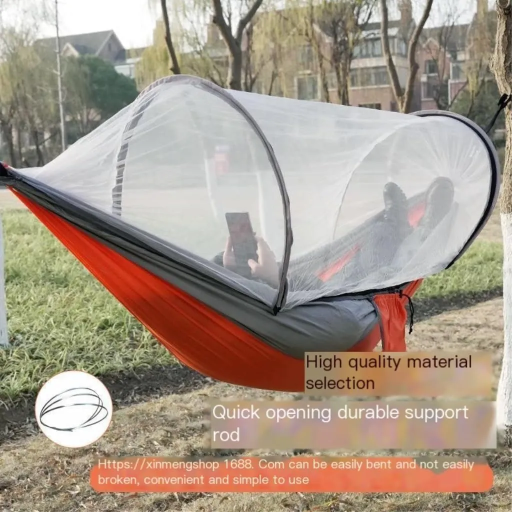 Hammock Double Outdoor Camping Anti-Rollover Nylon Hammock with Mosquito Net Automatic Quick-Opening Mosquito Net Hammock Hammock Outdoor(Orange)