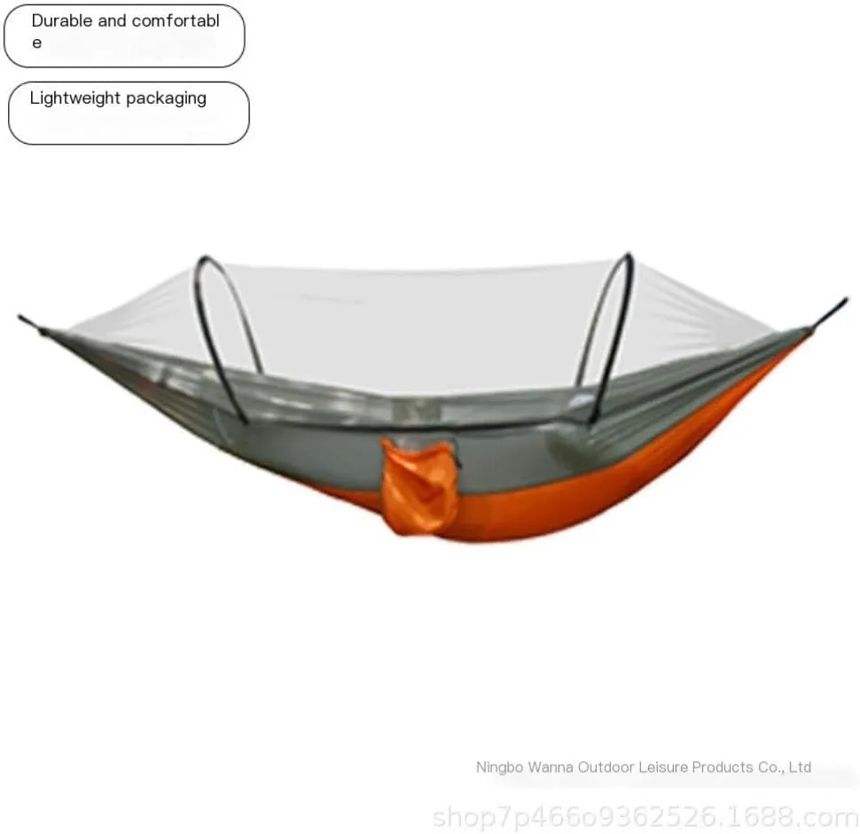 Hammock Double Outdoor Camping Anti-Rollover Nylon Hammock with Mosquito Net Automatic Quick-Opening Mosquito Net Hammock Hammock Outdoor(Orange)