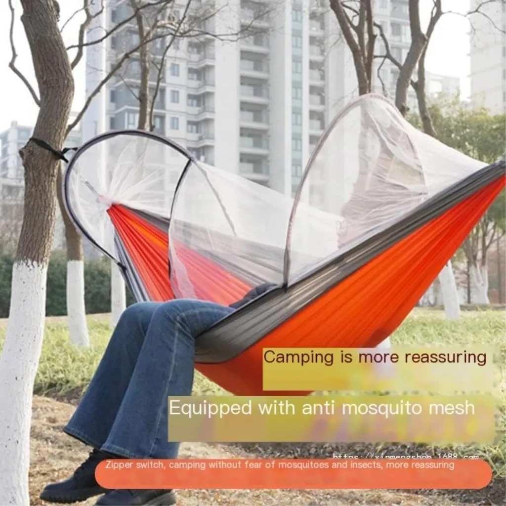 Hammock Double Outdoor Camping Anti-Rollover Nylon Hammock with Mosquito Net Automatic Quick-Opening Mosquito Net Hammock Hammock Outdoor(Orange)